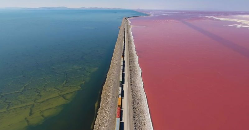 Stunning drone footage shows train cut through half blue and half pink waters of Utah's Great Salt Lake