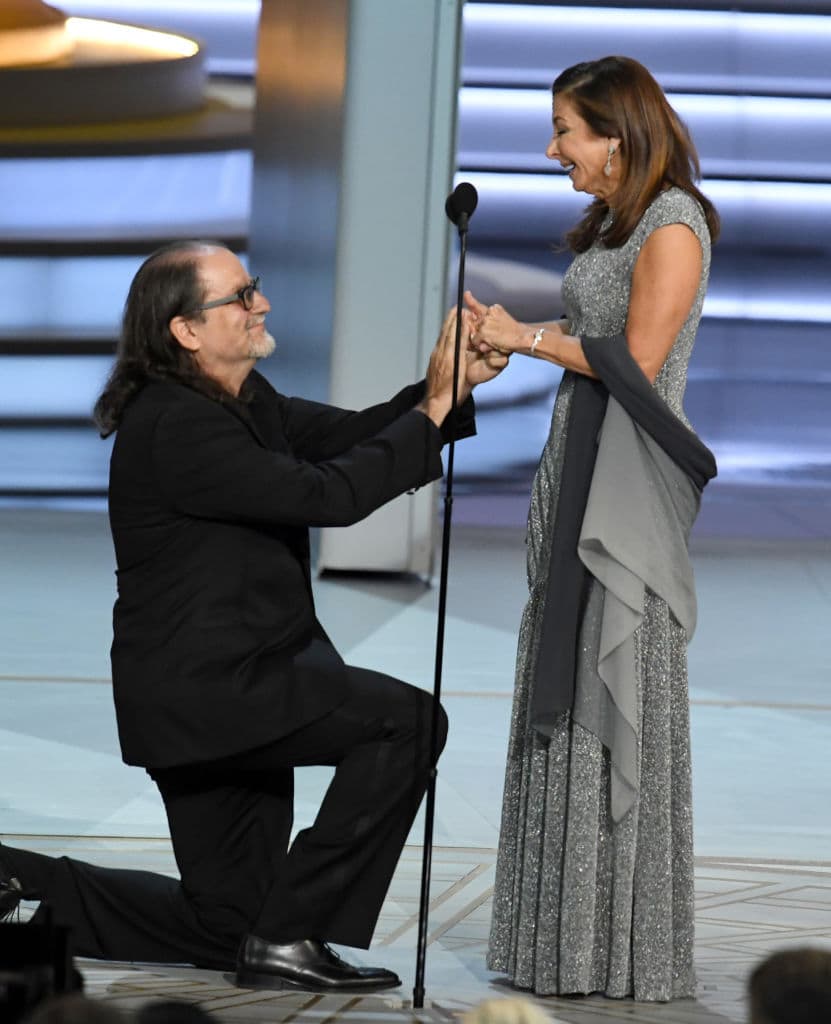 Glenn Weiss , winner of the Outstanding Directing for a Variety Special award for 'The Oscars,' proposes marriage to Jan Svendsen onstage during the 70th Emmy Awards at Microsoft Theater on September 17, 2018 in Los Angeles, California. (Photo by Kevin Winter/Getty Images)