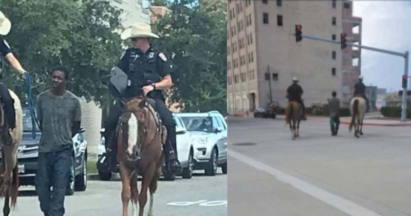 Two white policemen in Texas spark outrage after being pictured on horseback leading a black man through the streets by a rope