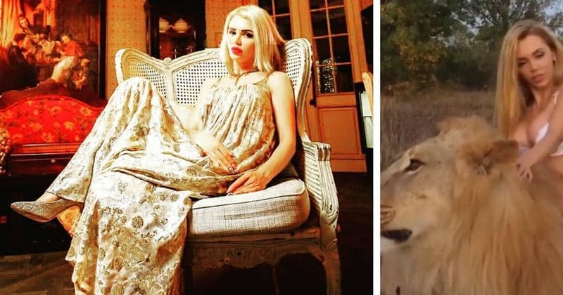 Adult entertainment star poses half-naked with snarling lions, sparks outrage on social media