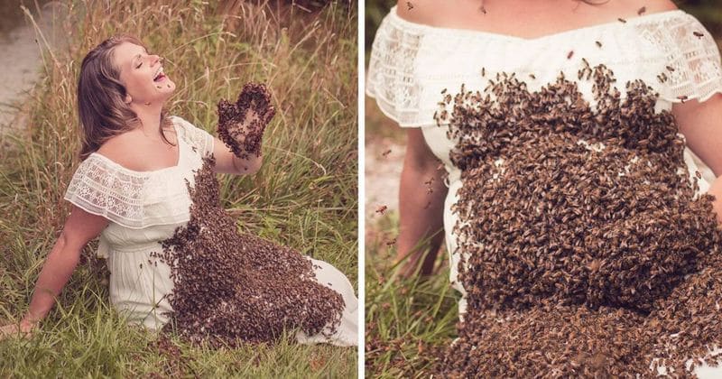Woman who lost baby after maternity shoot with bees poses with swarm again to celebrate new pregnancy