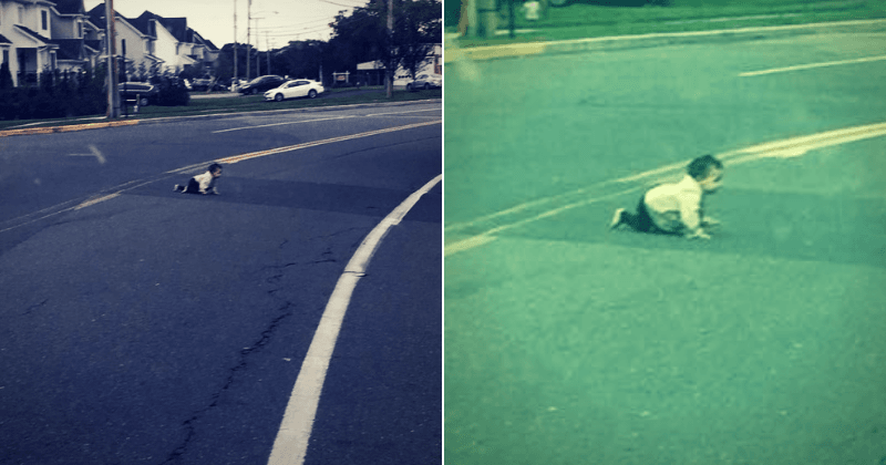 Motorist spots toddler crawling across busy street all alone and the family had no idea the child had gone missing