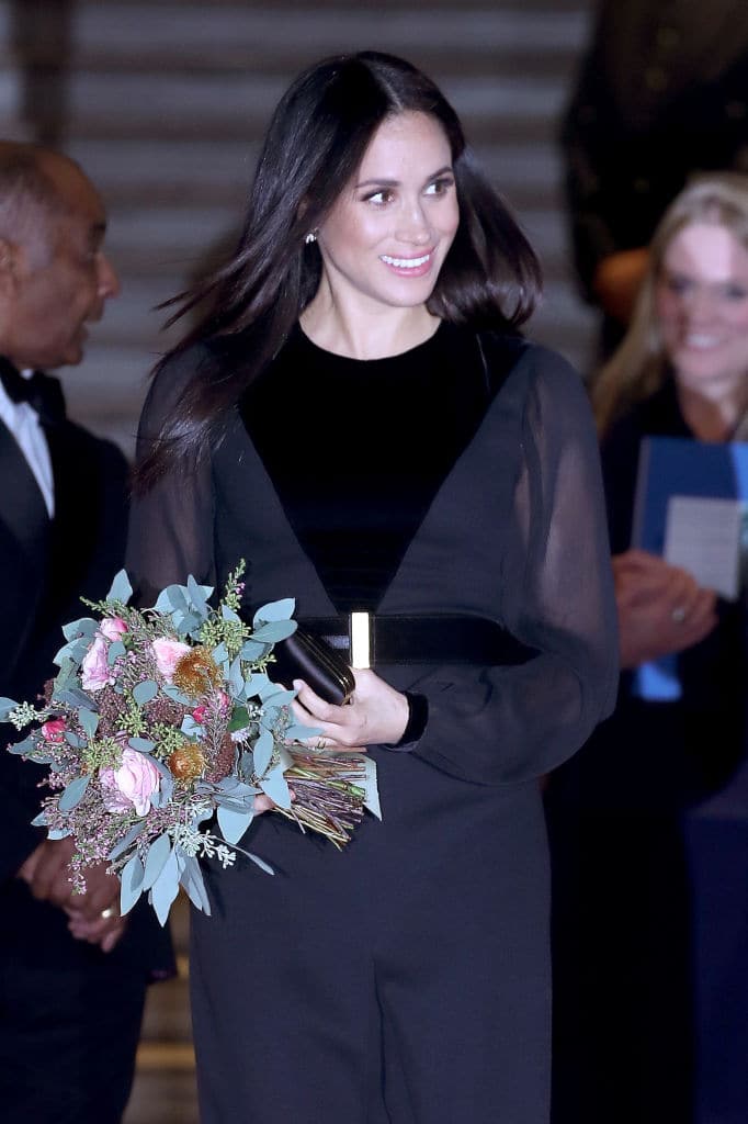 Meghan's dress included velvet, sheer panels, a long leg slit (Getty Images)