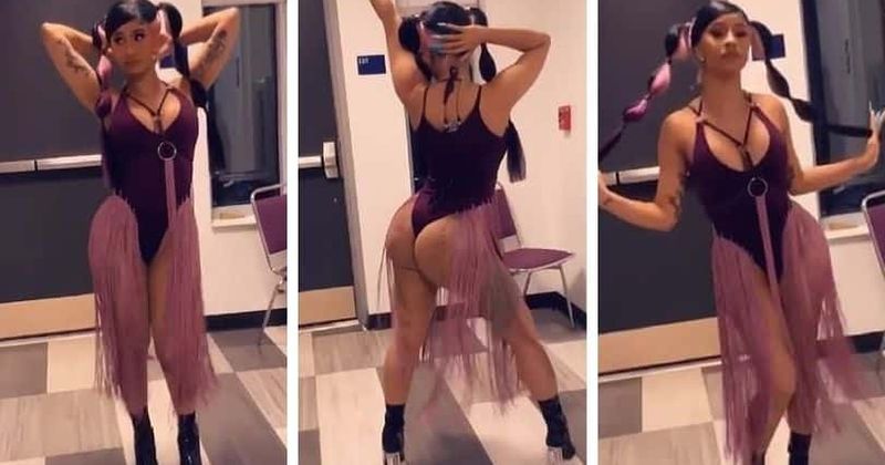 Cardi B shows off her incredible curves in purple thong suit while dancing to her new track