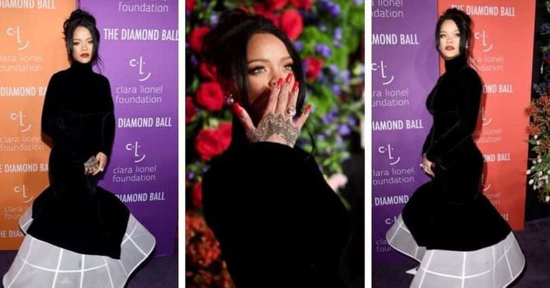 Rihanna oozes 50s glam in mermaid-shaped Givenchy gown with a high neck as she raises money for Dorian victims