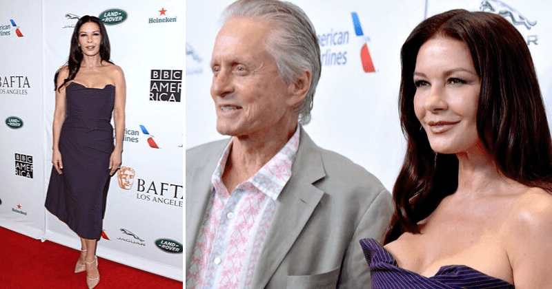 Catherine Zeta-Jones flaunts flawless figure in black plum dress alongside husband Michael Douglas at BAFTA LA Tea Party