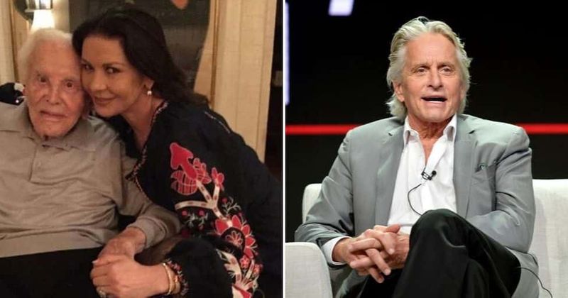 Catherine Zeta-Jones, 50, shares rare photo with father-in-law Kirk Douglas to mark her joint birthday with husband Michael, 75