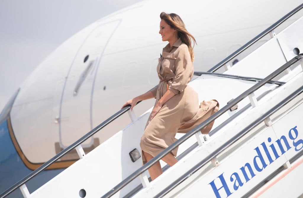 The beige-toned outfit was cut to just below her knees, and featured a draped design (Getty Images)