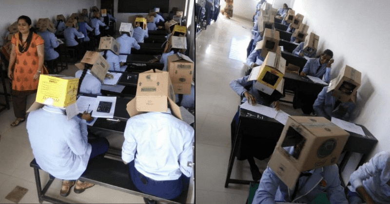 Students made to wear cardboard boxes over heads during exams in a bid to discourage cheating