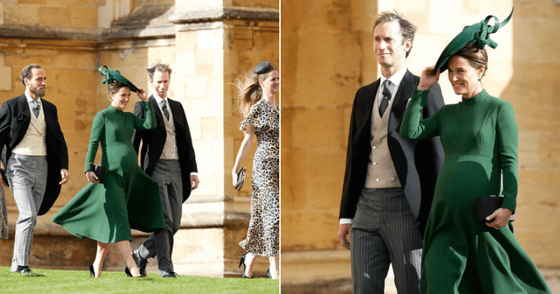 Pregnant Pippa Middleton glows in emerald green midi dress showing off her huge baby bump at Princess Eugenie's wedding