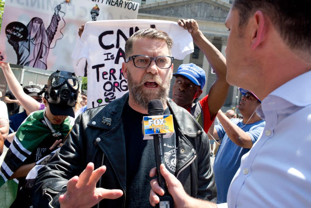 The alt-right leader and former co-founder of Vice Magazine Gavin McInnes attends an Act for America rally to protest sharia law on June 10, 2017 in Foley Square in New York City. Members of the Oath Keepers and the Proud Boys, right wing Trump supporting groups that are willing to directly confront and engage left-wing anti-Trump protestors, attended the event. (Photo by Andrew Lichtenstein/ Corbis via Getty Images)