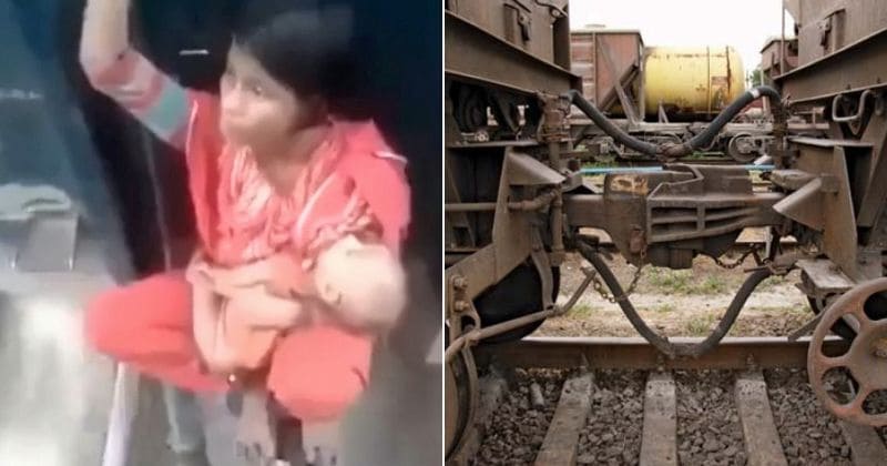 Shocking video shows mother cradling baby while sitting on coupling between carriages of speeding train