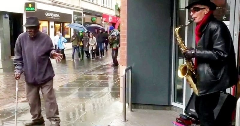 Disabled man ditches walking stick and breaks into dance after spotting a groovy busker