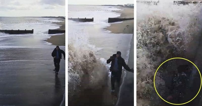 Teenager who tried to race the tide misjudges gigantic wave and almost gets washed away