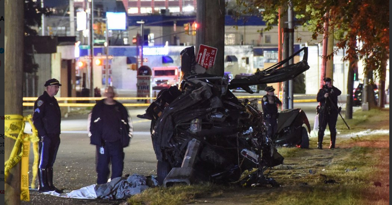 Drag racer dies as speeding car splits in two after hitting a pole and bursts into flames