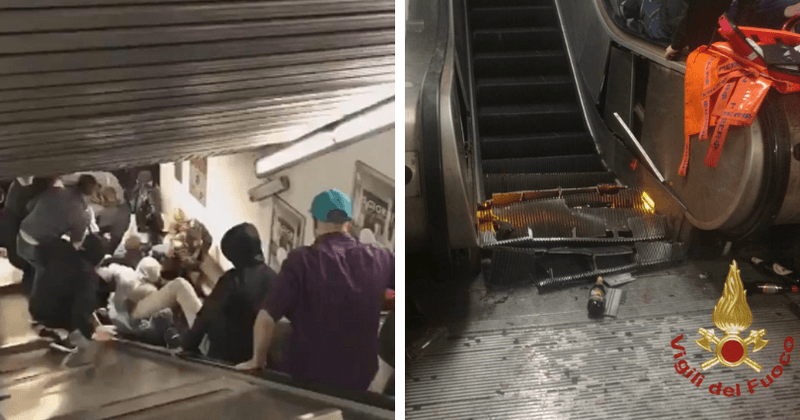 Dozens of football fans injured after escalator malfunctions and sends them crashing into a pile-up at the bottom of the stairs