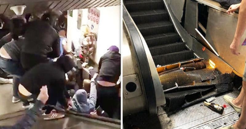 Crowded escalator malfunctions and suddenly hurtles downward leaving a pile of injured people