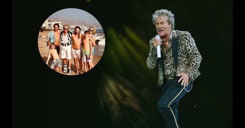 Musical legend Rod Stewart poses for a rare family picture with his four sons