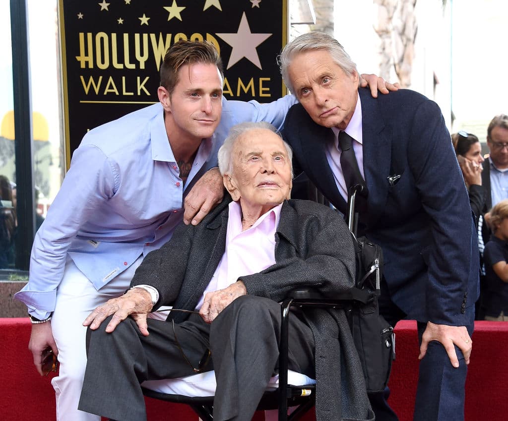 Cameron Douglas, Kirk Douglas, and Michael Douglas pose at the Michael Douglas Star On The Hollywood Walk Of Fame ceremony on November 6, 2018, in Hollywood, California. (Getty Images)