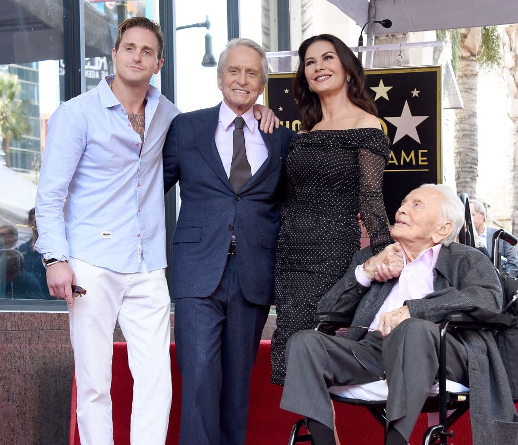 Cameron Douglas, Michael Douglas, Catherine Zeta-Jones, and Kirk Douglas pose at the Michael Douglas Star On The Hollywood Walk Of Fame ceremony on November 6, 2018, in Hollywood, California. (Getty Images)
