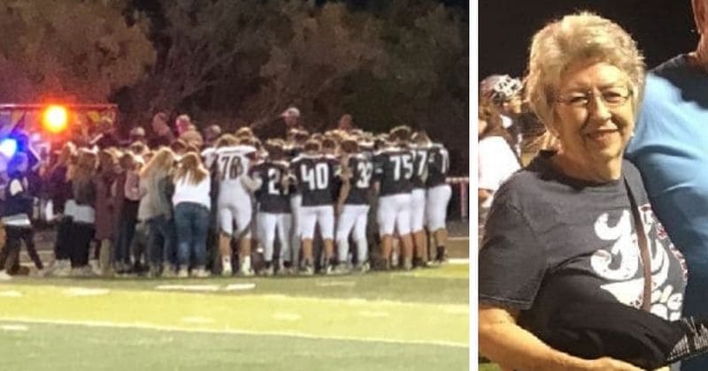 School football teams gather in the middle of the field to pray as player's grandmother, 74, collapses in stands
