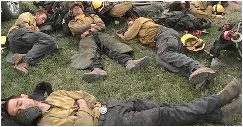 Photo of exhausted firefighters taking a break after working 24-hour shifts captures hearts