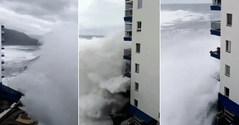 Monster waves slam into seaside apartment building in Canary Islands and destroys balconies three stories up