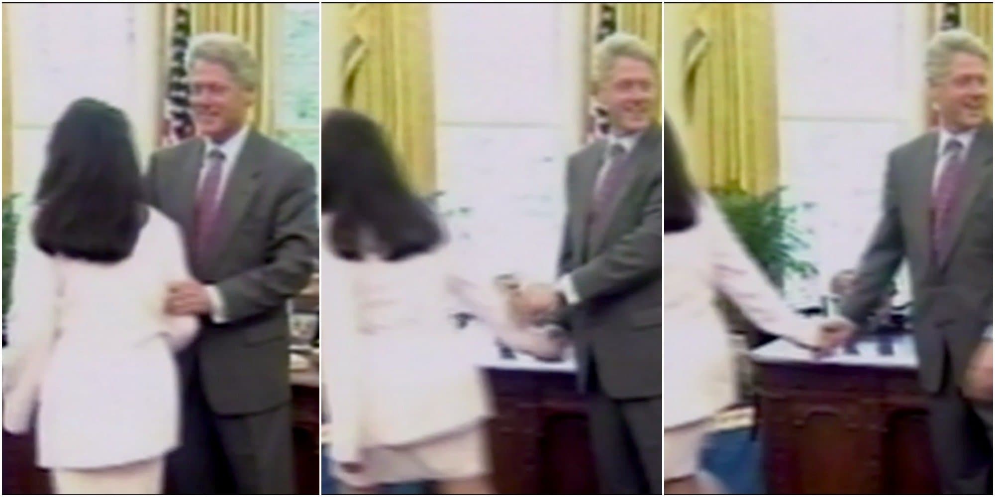 Footage unearthed for the docuseries shows an intimate moment between Clinton and Monica — after posing for pictures with them, the two are seen briefly holding hands as Monica leaves the office. (A&E)