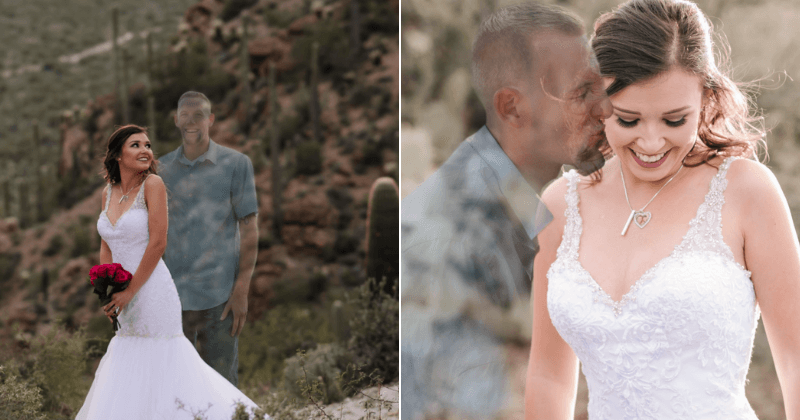 Woman gets late fiancé edited into wedding photos to keep his memory alive after he died in a motorcycle accident