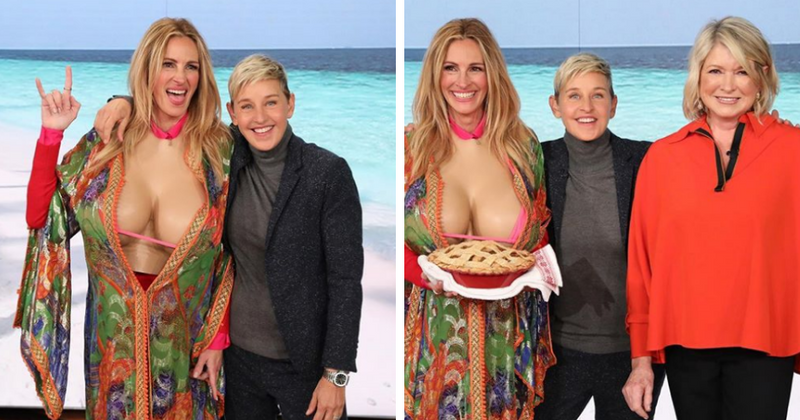Ellen DeGeneres gives Julia Roberts a huge fake Kardashian cleavage as a tip to help increase her social media followers