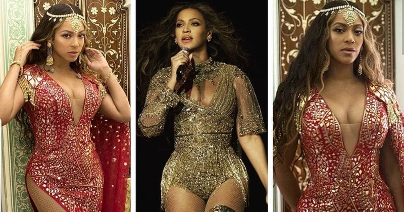 Beyonce looks gorgeous as she sports a red and gold gown for her performance at the wedding of the daughter of India's richest man
