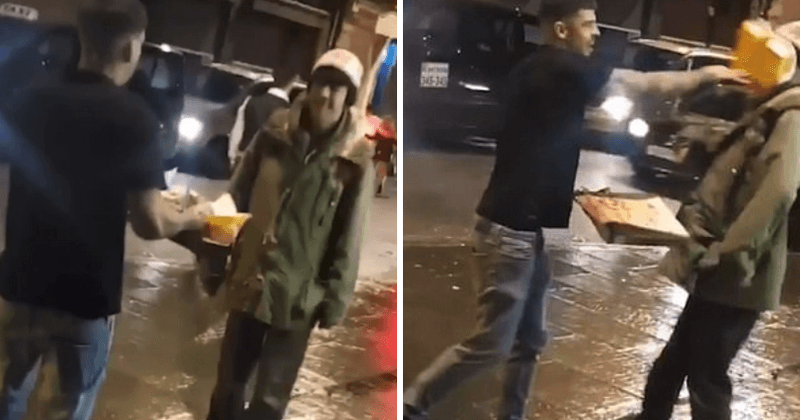 Drunk partygoer pretends to offer takeaway food to homeless man and then slams it into his face