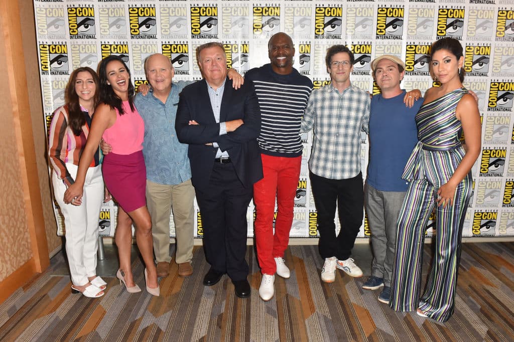 Chelsea Peretti, Melissa Fumero, Dirk Blocker, Joel McKinnon Miller, Terry Crews, Andy Samberg, Joe Lo Truglio and Stephanie Beatriz attend 'Brooklyn Nine-Nine' Press Line during Comic-Con International 2018 at Hilton Bayfront on July 19, 2018 in San Diego, California. (Photo by Jerod Harris/Getty Images)