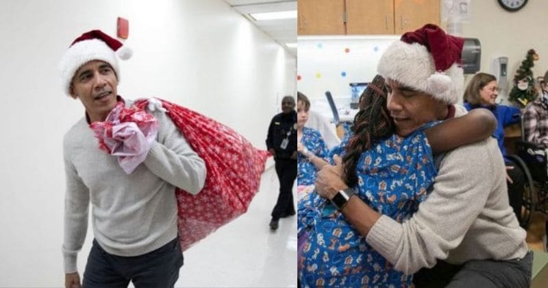 Barack Obama dresses as Santa to surprise sick children in hospital, delivers gifts and hugs