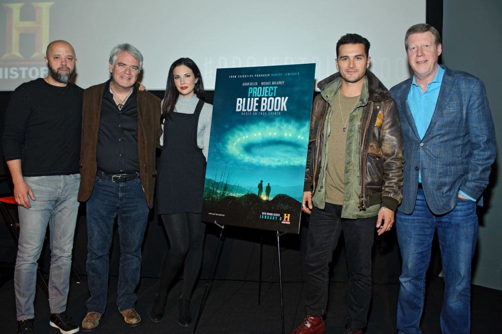 (L to R) Sean Jablonski, Michael Harney, Laura Mennell, Michael Malarkey, and Paul Hynek attend the 'Project Blue Book' Chicago screening at Davis Theatre on November 15, 2018 in Chicago, Illinois. (Photo by Timothy Hiatt/Getty Images for HISTORY)