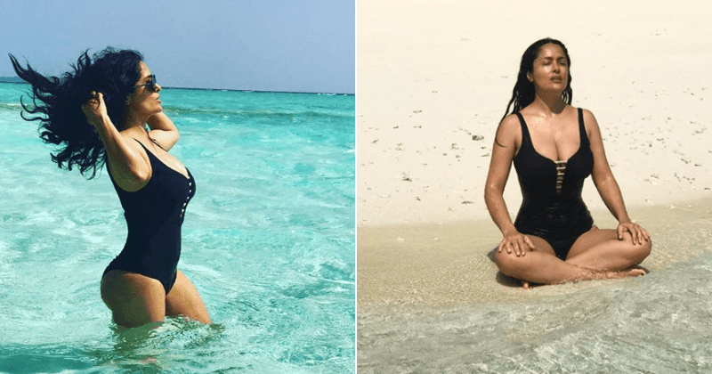 Salma Hayek shows off her flawless and sleek figure in racy black swimsuit at undisclosed beach