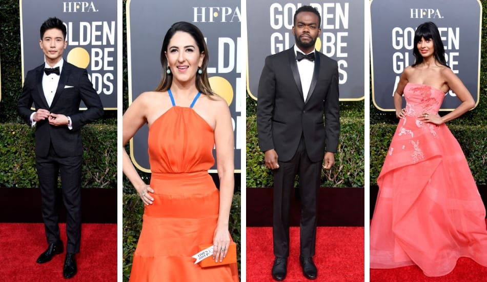 William Jackson Harper, D'Arcy Carden, Manny Jacinto and Jameela Jamil, the cast of 'The Good Place' at the Golden Globes 2019 red carpet (Getty Images)