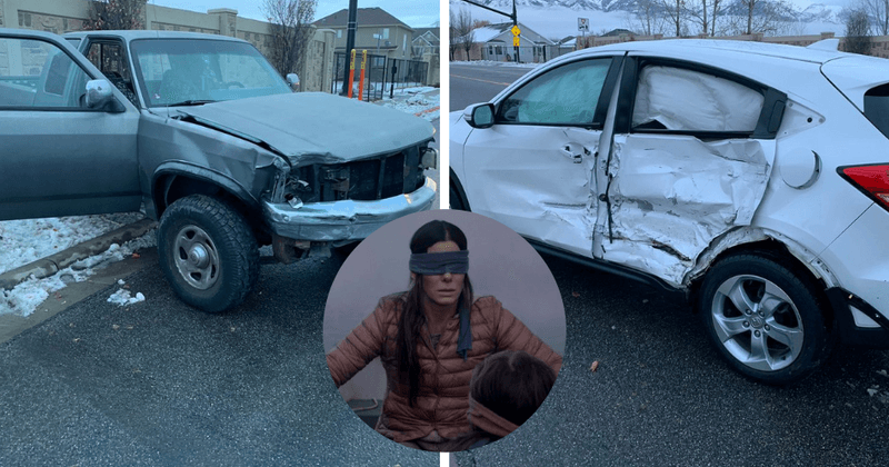 Blindfolded teenager slams her pick up truck into an SUV after her attempt at the 'Bird Box Challenge' backfires