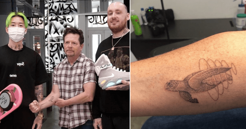 Michael J Fox, 57, gets his first ever tattoo and it involves going swimming with an injured turtle