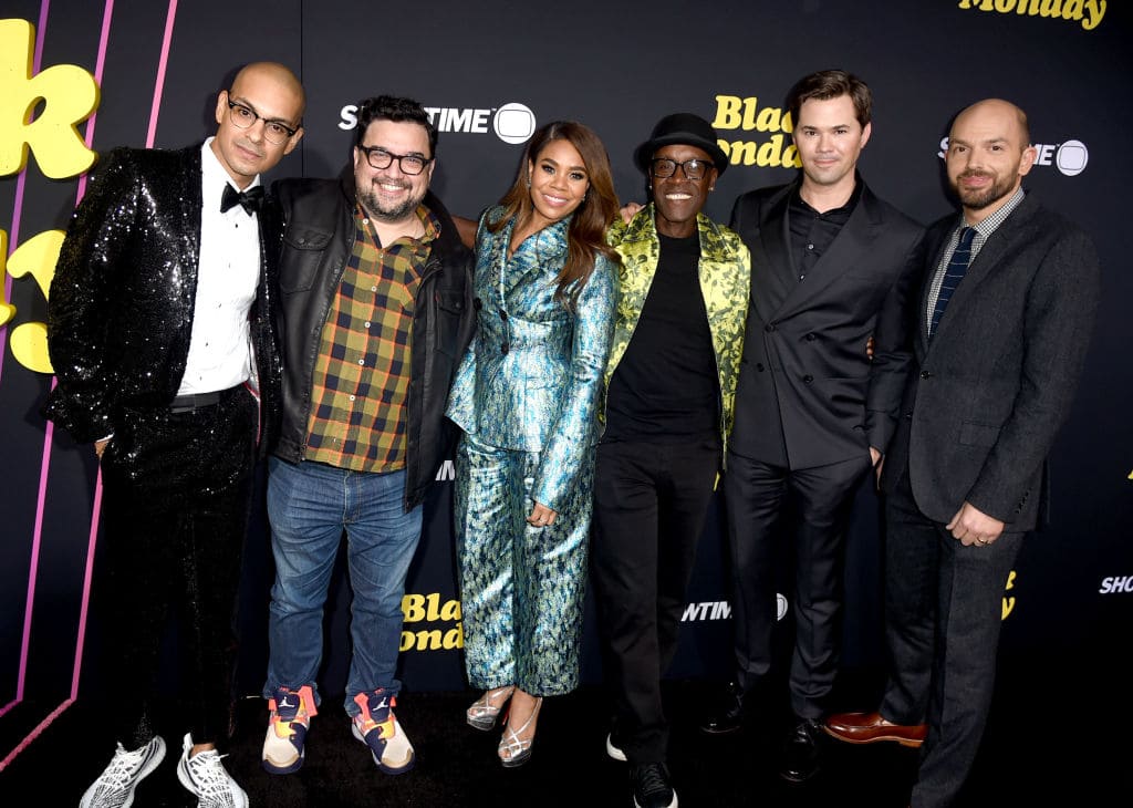 Yassir Lester, Horatio Sanz, Regina Hall, Don Cheadle, Andrew Rannells and Paul Scheer arrive at the premiere of Showtime's 'Black Monday' at The Theatre at Ace Hotel on January 14, 2019 in Los Angeles, California. (Photo by Kevin Winter/Getty Images)
