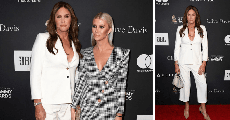 Caitlyn Jenner shows off her cleavage as she poses with girlfriend Sophia Hutchins at the pre-Grammy party