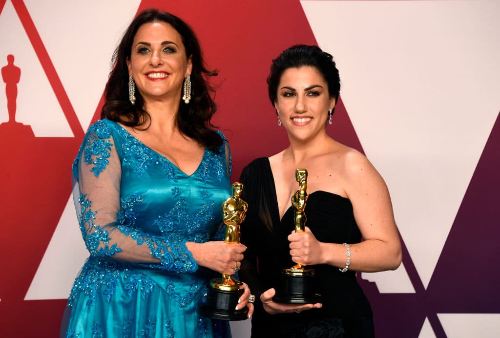 Melissa Berton and Rayka Zehtabchi, winners of Best Documentary Short Subject for 'Period. End of Sentence.,' pose in the press room during the 91st Annual Academy Awards at Hollywood and Highland on February 24, 2019 in Hollywood, California. (Photo by Frazer Harrison/Getty Images)