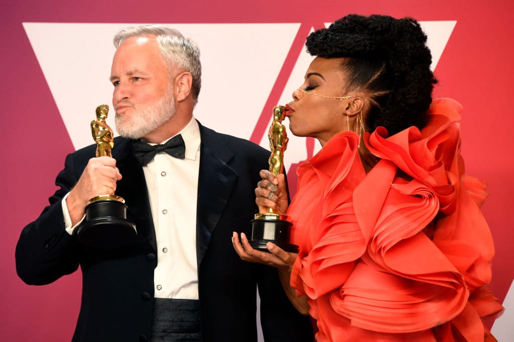 (L-R) jay Hart and Hannah Beachler, winners of Best Production Design for 'Black Panther,' pose in the press room during the 91st Annual Academy Awards at Hollywood and Highland on February 24, 2019 in Hollywood, California. (Photo by Frazer Harrison/Getty Images)