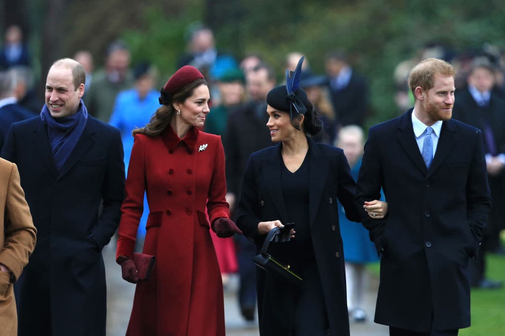 Prince William, Duke of Cambridge, Catherine, Duchess of Cambridge, Meghan, Duchess of Sussex and Prince Harry, Duke of Sussex arrive to attend Christmas Day Church service at Church of St Mary Magdalene on the Sandringham estate on December 25, 2018, in King's Lynn, England. (Photo by Stephen Pond/Getty Images)