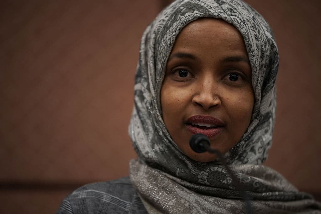 Rep. Ilhan Omar (D-MN) speaks during a news conference January 24, 2019 on Capitol Hill in Washington, DC. The Democratic Congresswomen held a news conference on legislation providing childcare for workers affected by the ongoing government shutdown. (Photo by Alex Wong/Getty Images)
