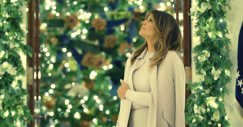 Melania Trump looks stunning as she unveils patriotic Spirit of America-themed White House Christmas decorations