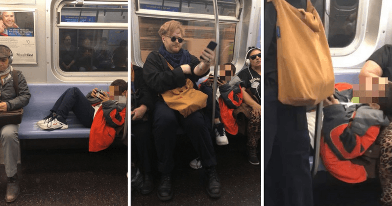 Hilarious images capture a brat on NYC subway getting schooled by stranger for putting feet on bench