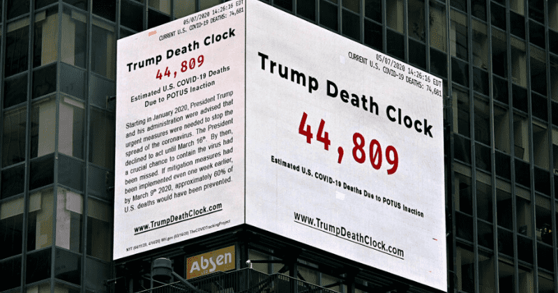 Trump Death Clock: Times Square billboard counts avoidable US coronavirus deaths to protest Trump's inaction