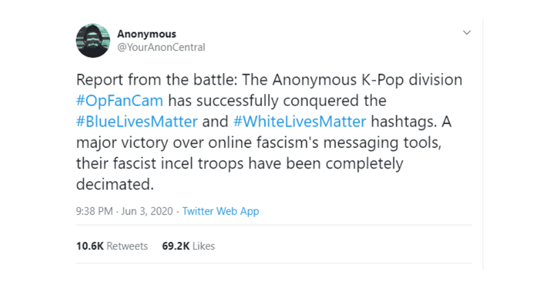 Anonymous uses K-Pop stan army to drown #WhiteLivesMatter, #BlueLivesMatter hashtags in sea of fancams and smurfs