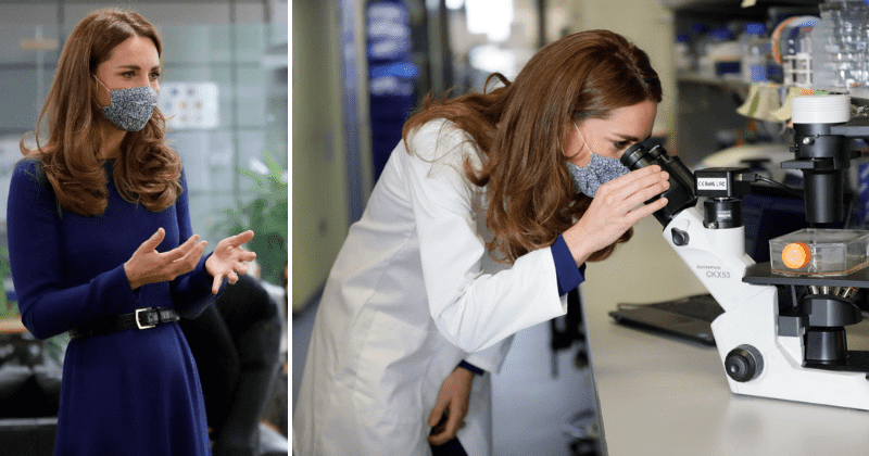 Kate Middleton dons floral mask and lab coat over navy blue dress, speaks to moms at miscarriage research center